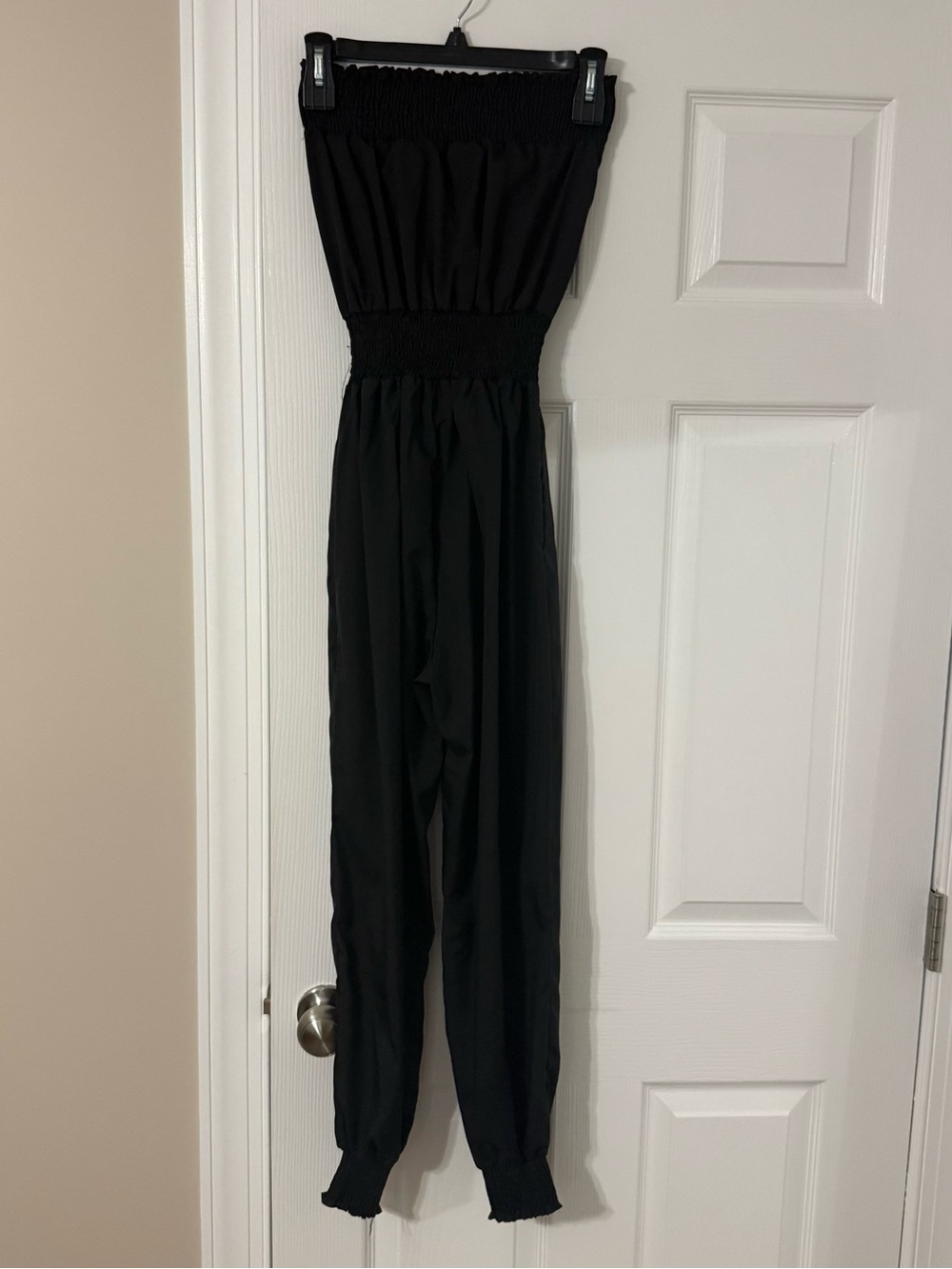 Black Strapless Smocked Waist Jumpsuit